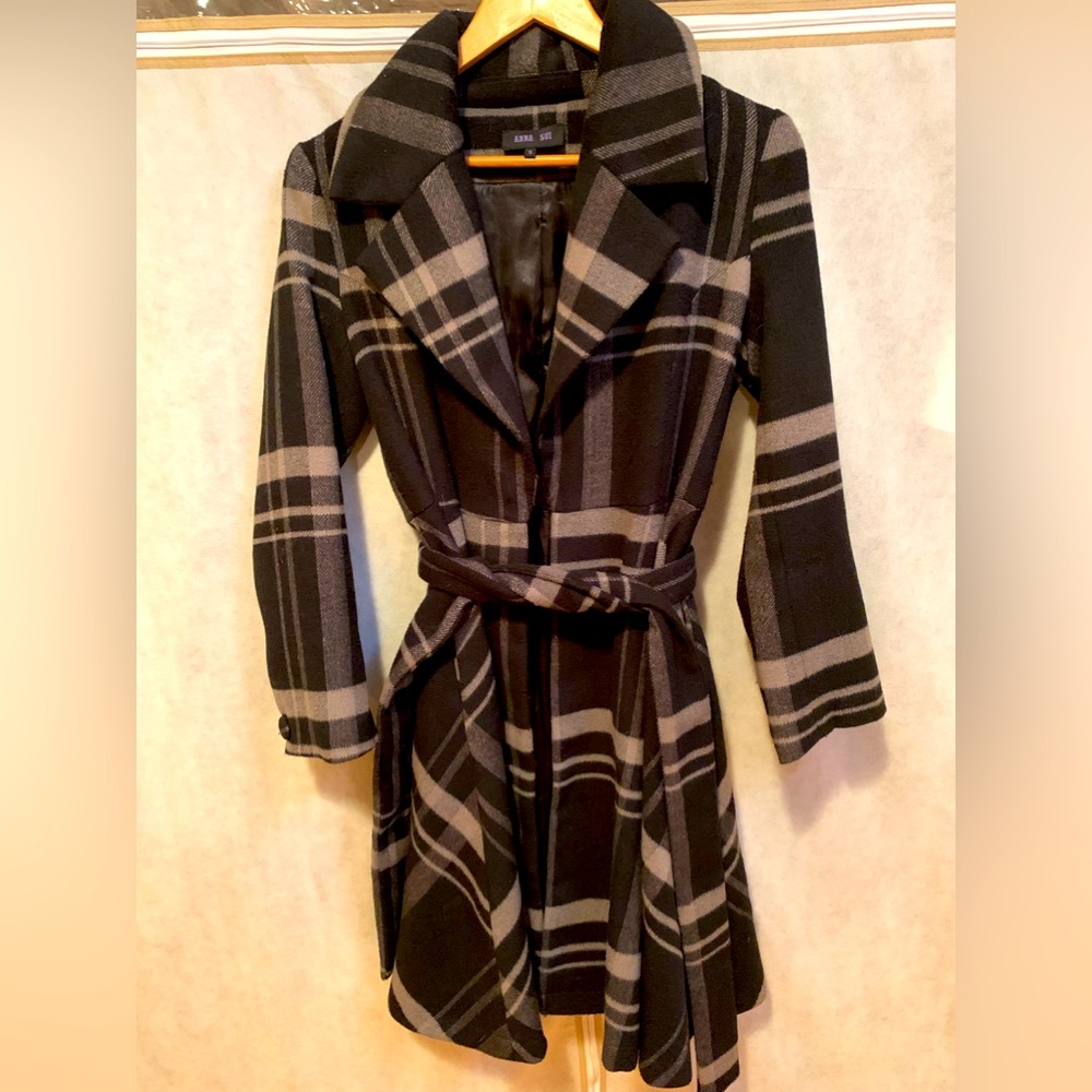 Anna Sui long plaid belted jacket.